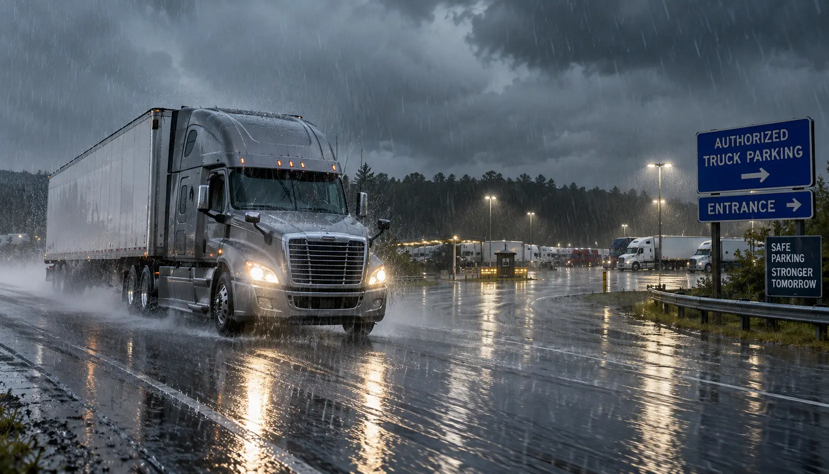Semi-truck traveling in heavy rain before stopping at an authorized truck parking facility