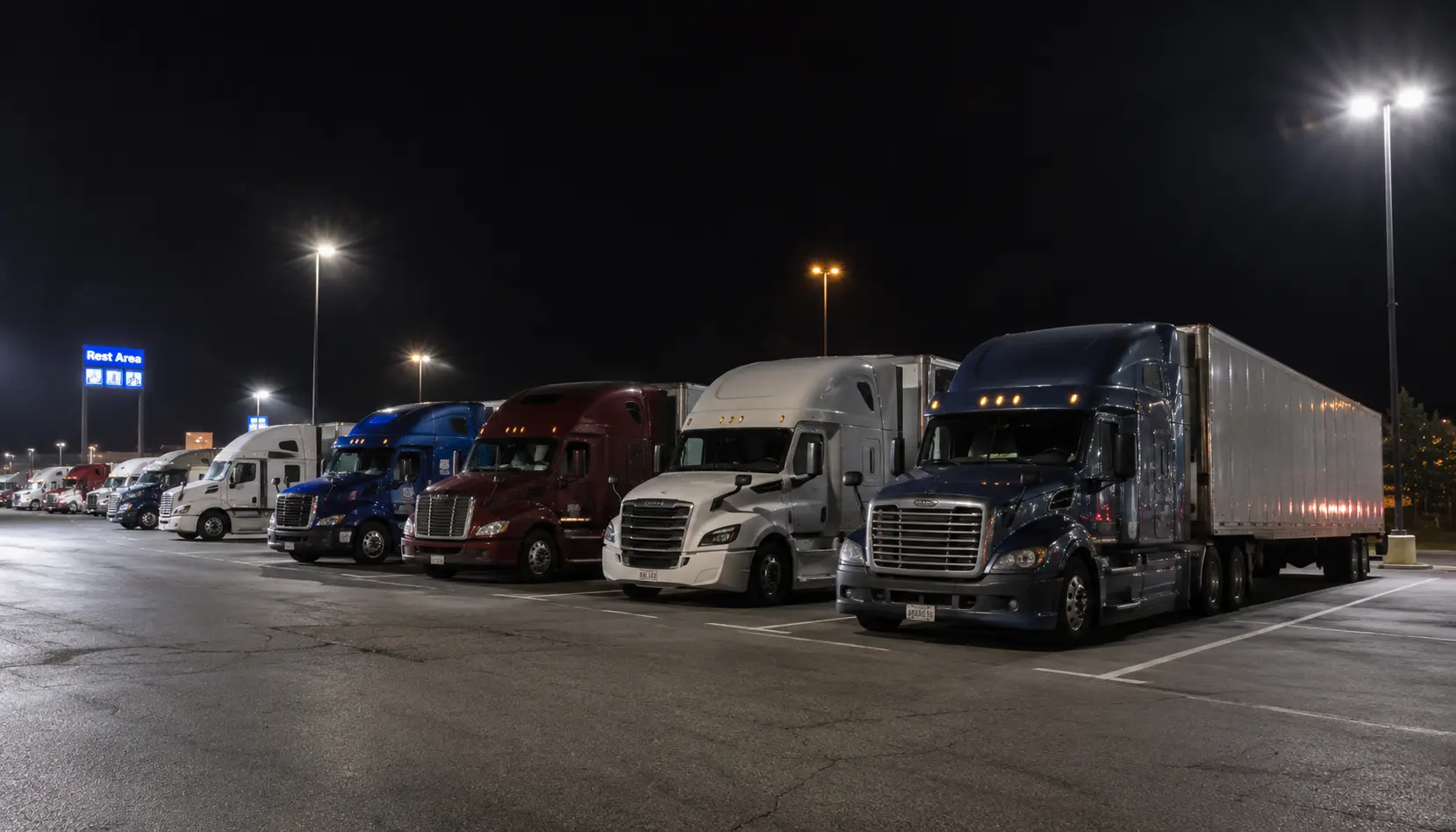 Semi-trucks parked overnight in designated spaces at a highway rest area