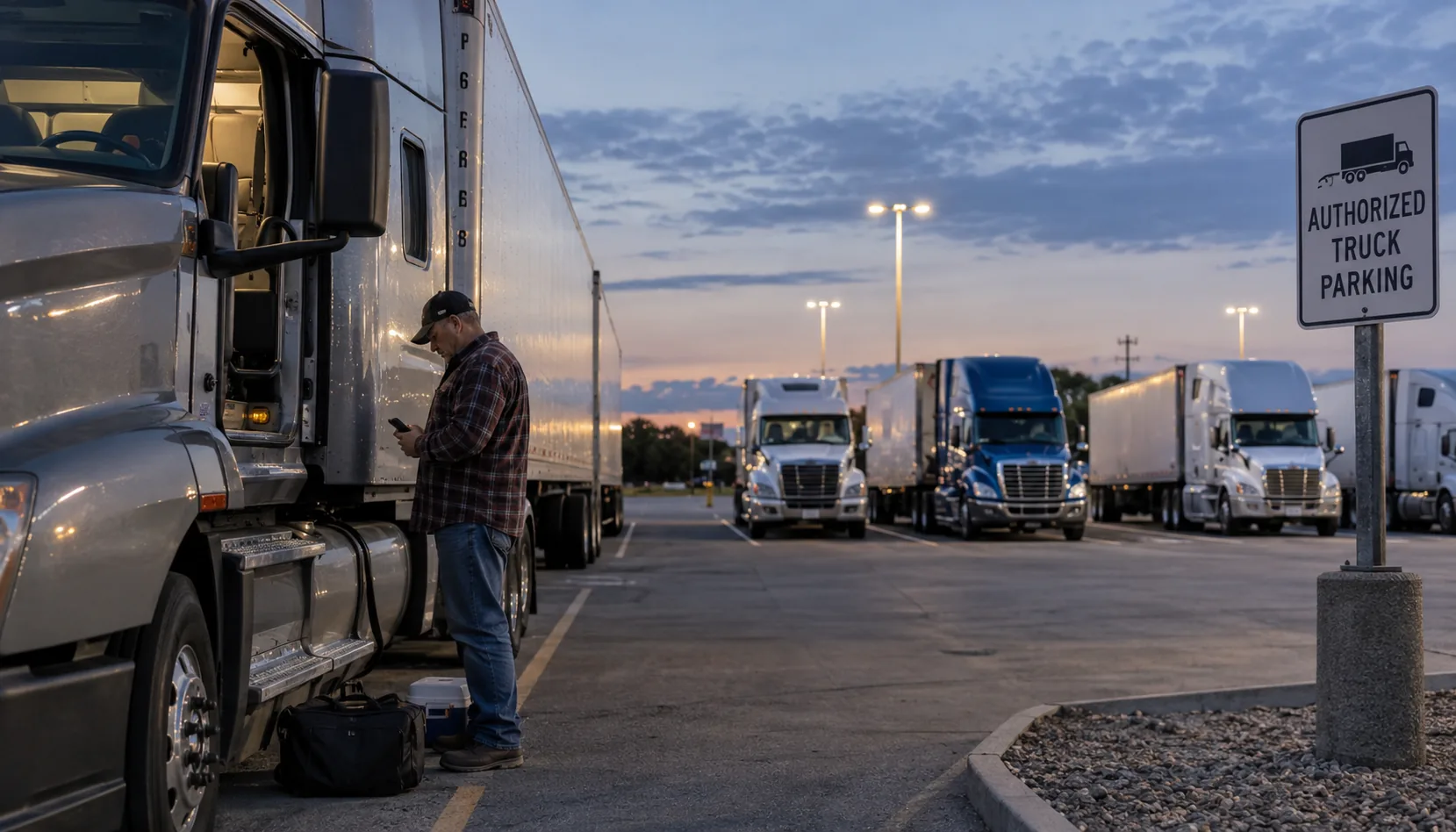Truck driver preparing for a 10-hour break at an authorized parking facility