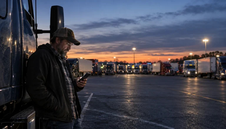 Truck driver checking parking availability at a nearly full truck stop before running out of driving time.