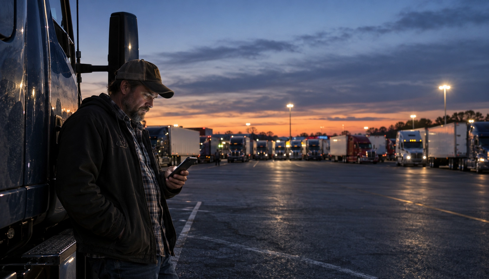 Truck driver checking parking availability at a nearly full truck stop before running out of driving time.